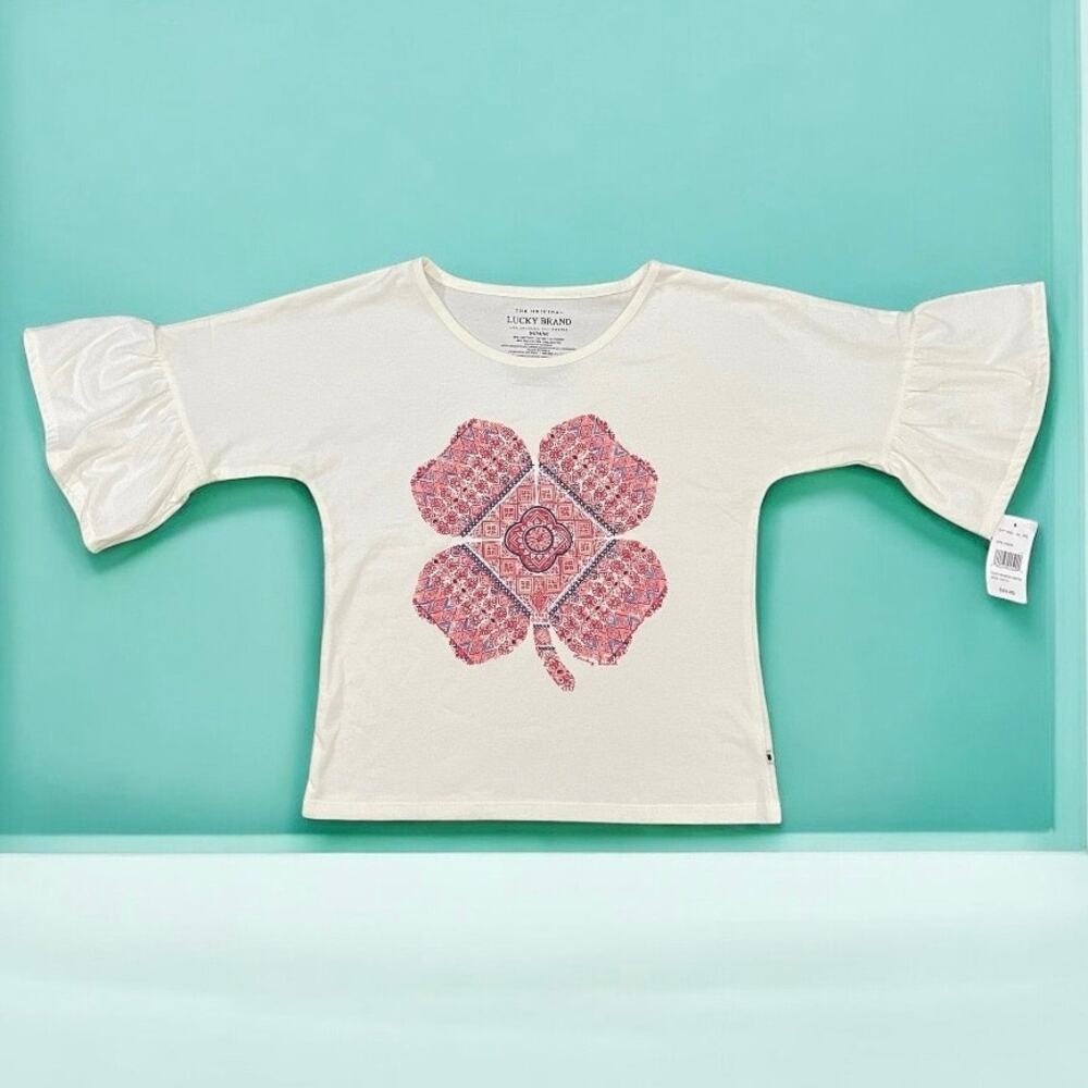 Lucky Brand Beige T-Shirt w/ Pink Four Leaf Clover Print Short Sleeve NWT Size M